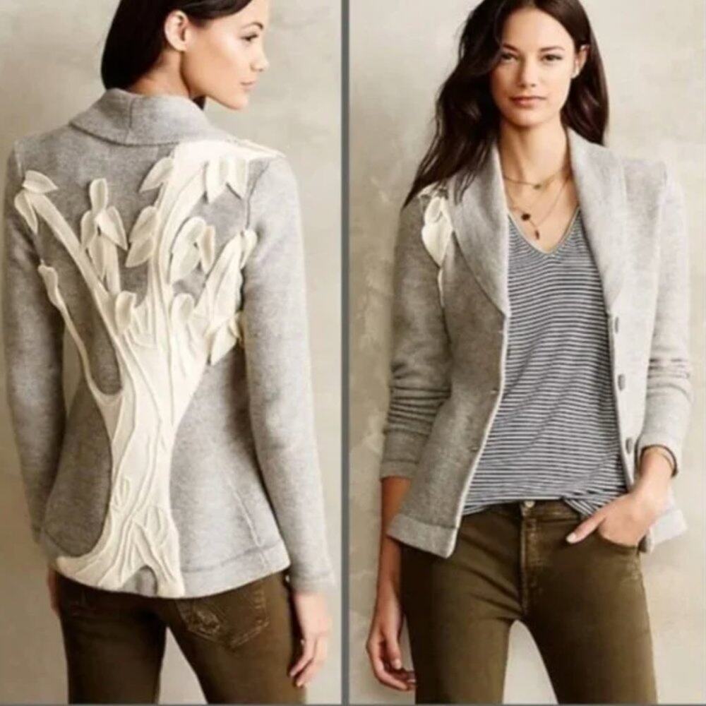 Rosie Neira for Anthropologie 3D Tree Gray Wool Jacket Blazer. Small.